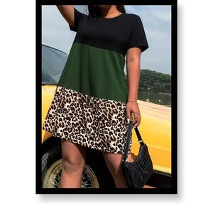 Women’s Plus Size Black and Green Colorblock Dress with Leopard Print